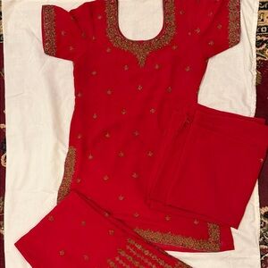 Red Embroidered suit with sharara and dupatta
